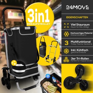 24MOVE Einkaufstrolley Alegre 3in1, faltbar, mit Kühlfach, schwarz. Ideal für Treppen.