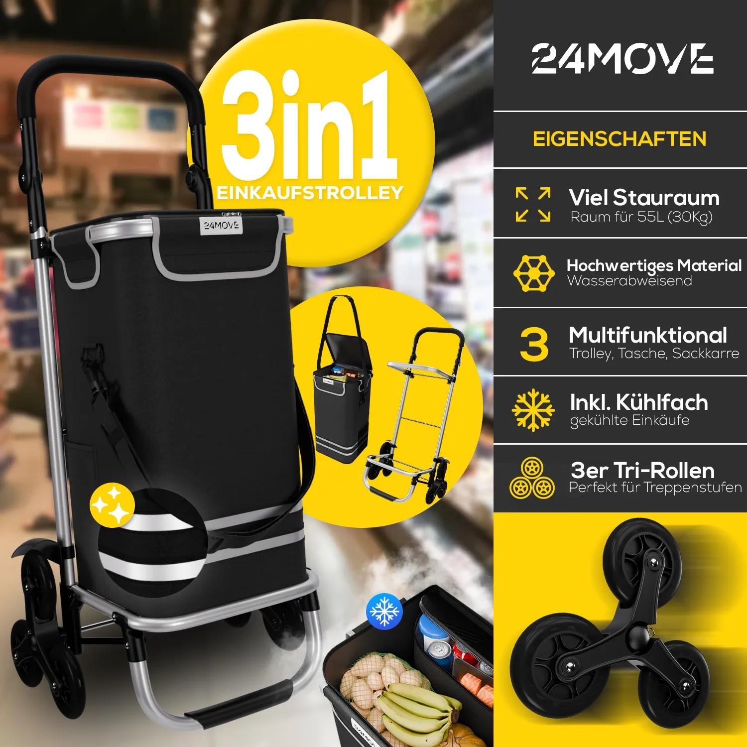 24MOVE Einkaufstrolley Alegre 3in1, faltbar, mit Kühlfach, schwarz. Ideal für Treppen.