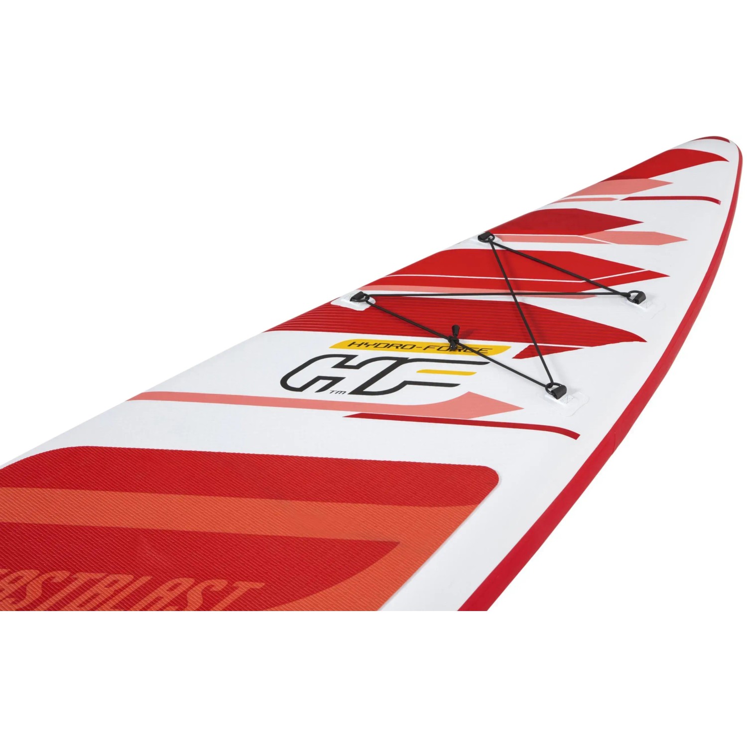 Bestway Hydro-Force SUP Fast Touring Board mit rotem Design und Gepäcknetz.