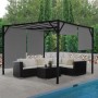 Graue MCW Pergola Beja 4x4m mit Schiebedach und Sitzgruppe auf Terrasse.