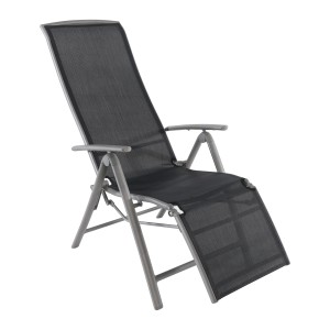 Schwarzer Relaxsessel Vigo mit verstellbarer Rückenlehne und Fußstütze für Garten oder Terrasse.