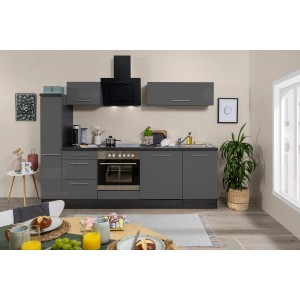 Respekta Premium Küchenzeile 250 cm in Grau Hochglanz und Eiche Grau mit E-Geräten.