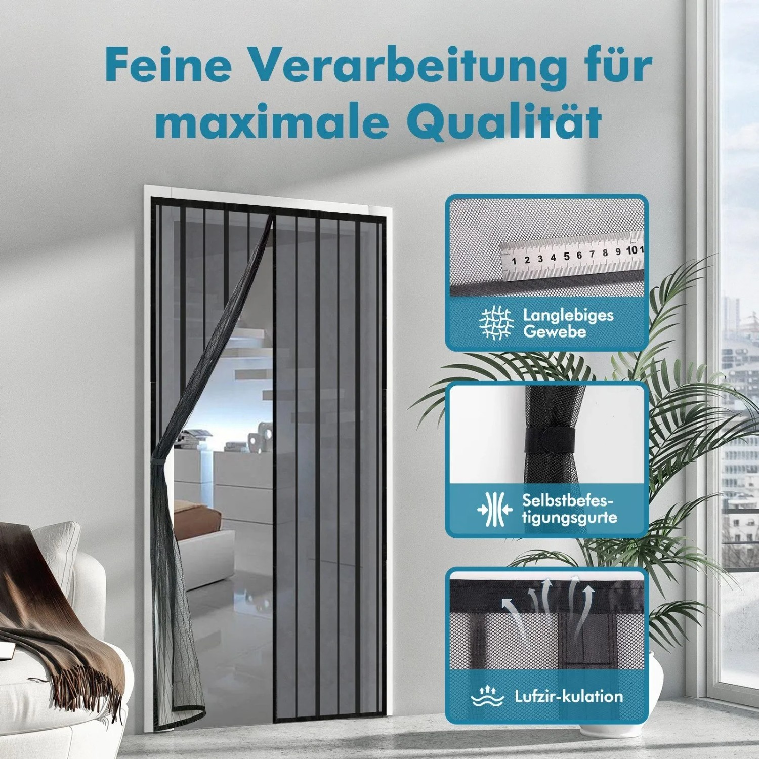 Schwarzes magnetisches Fliegengitter für Balkontür, Mückenschutz. Robustes Polyestergewebe, einfache Montage ohne Bohren.