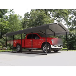 ShelterLogic Einzelcarport Rom Anthrazit (370x600cm) mit rotem Pickup. Stahlkonstruktion mit Dach.
