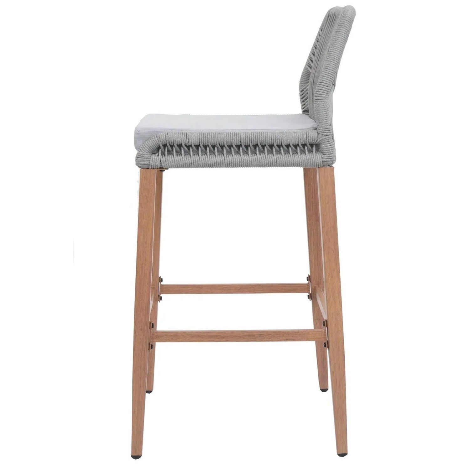 Hellgrauer Rope-Barhocker mit Kissen, Holz-Optik Beinen und Fußstütze. Modernes Design für Outdoor.