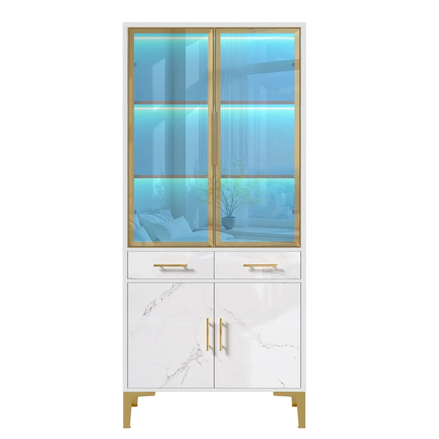 Merax Hochschrank Vitrine Sideboard Hochglanz Marmoroptik mit LED Glastüren