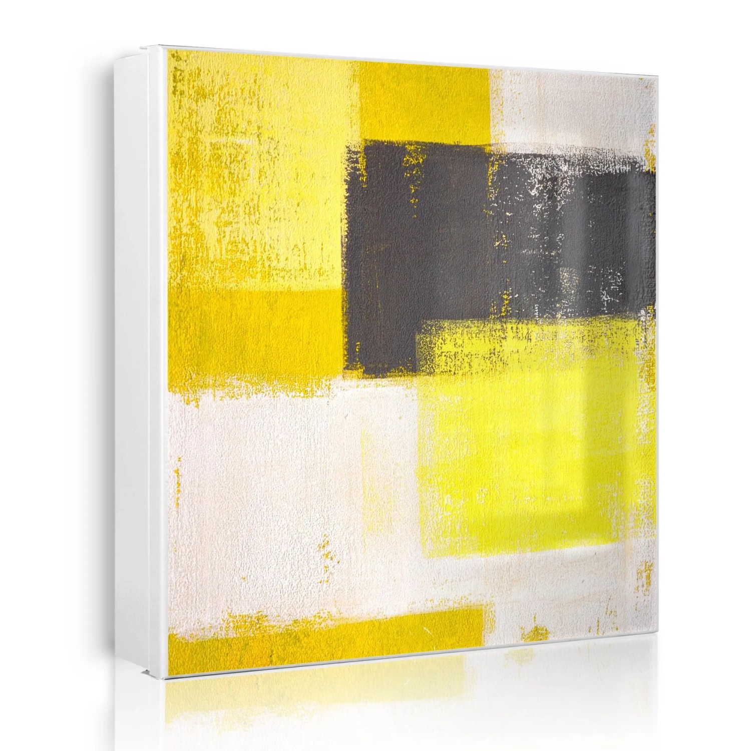 Banjado Großer Schlüsselkasten Metall 30x30cm Weiß Scharnier Rechts 50 Haken Beschreibbar Magnetisch Motiv Abstrakt Gelb