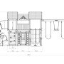 Technische Zeichnung des Zwerkules Spielturm Bolzo mit Rutschen, Schaukel und Maßen 347x692x285cm.