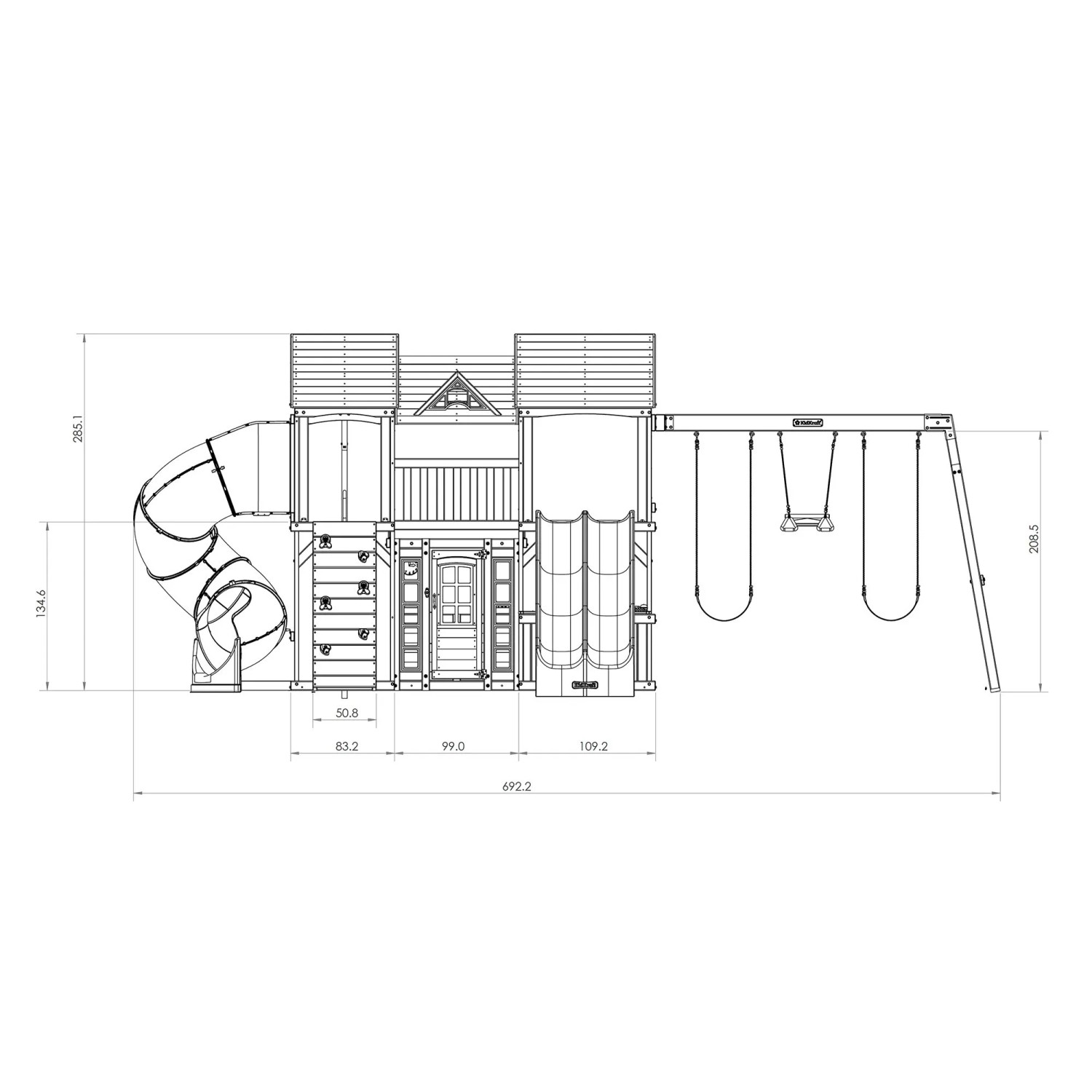 Technische Zeichnung des Zwerkules Spielturm Bolzo mit Rutschen, Schaukel und Maßen 347x692x285cm.