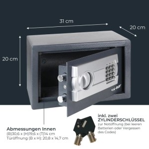 HMF Möbeltresor Anthrazit, 31x20x20 cm, offen mit elektronischem Zahlenschloss und Notfallschlüsseln.