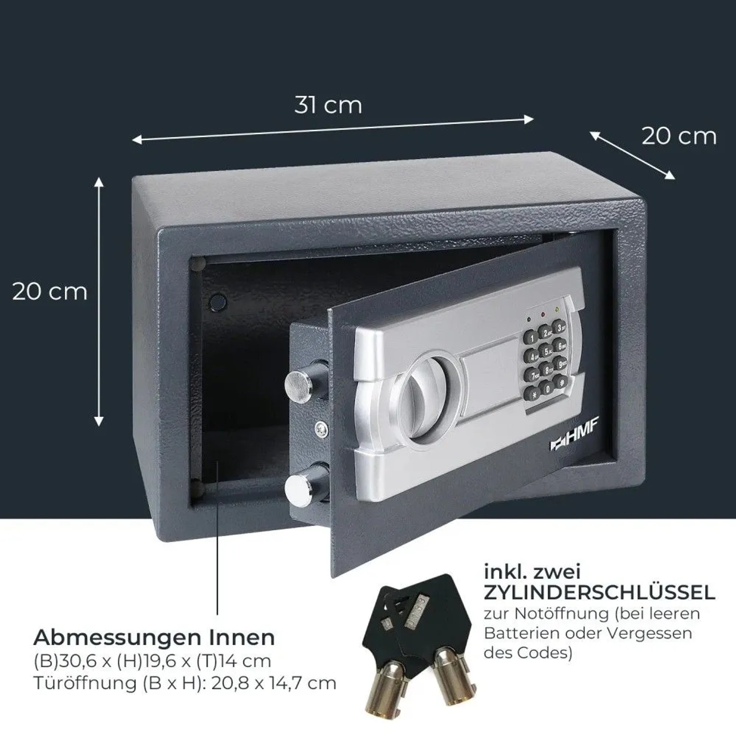 HMF Möbeltresor Anthrazit, 31x20x20 cm, offen mit elektronischem Zahlenschloss und Notfallschlüsseln.
