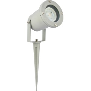 Grauer LED Gartenstrahler mit Erdspieß, 5W, 2700K, IP44, inklusive GU10 Leuchtmittel.
