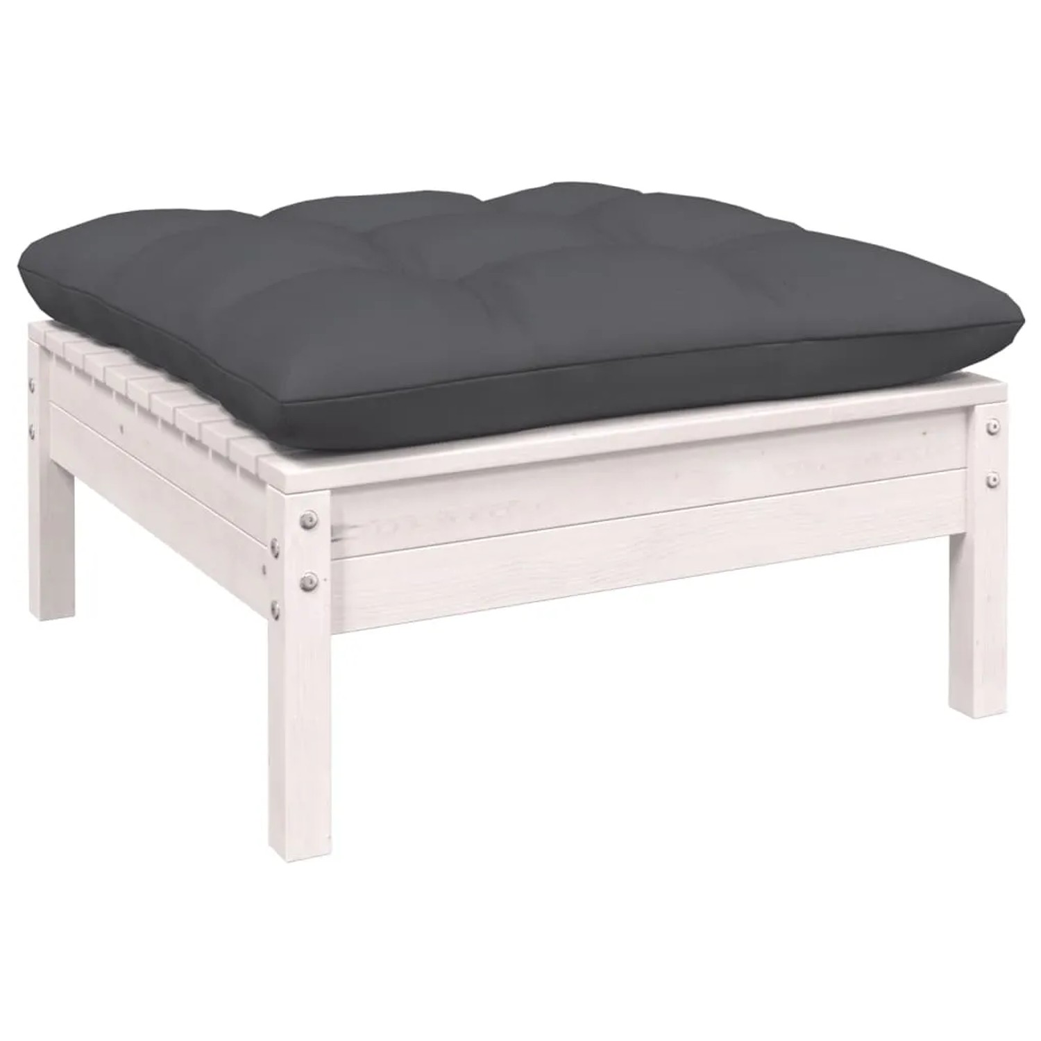 Weißer Gartenmöbel Hocker mit anthrazitfarbenem Kissen aus Kiefernholz, Teil des vidaXL Lounge Sets.