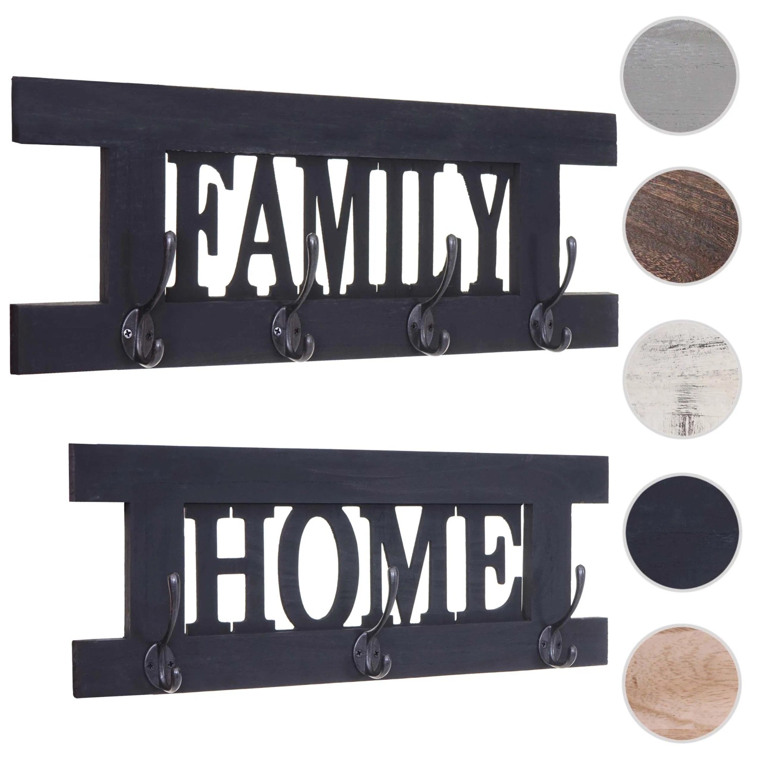 MCW Wandgarderobe C60 Shabby, 2-teilig, dunkelgrau, mit "Family" und "Home" Schriftzug und Haken.