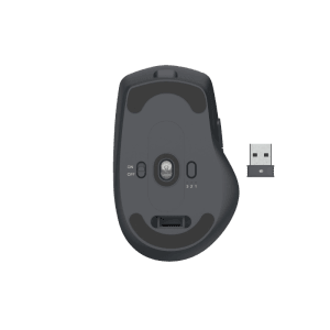 Unterseite der schwarzen Hama Multi-Device-Maus WM-800 mit USB-Empfänger.