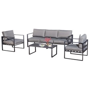 Hellgraues Jet-Line Lounge-Set Kreta II mit Sofa, zwei Sesseln und Tisch mit Aluminiumrahmen.