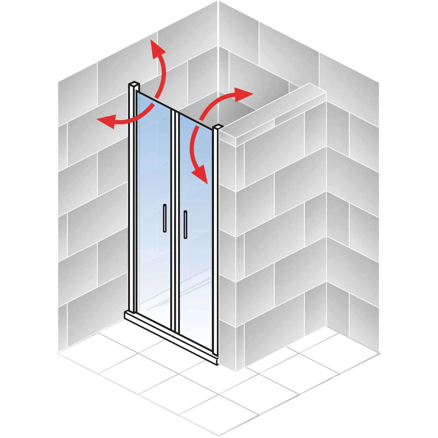 Schulte ExpressPlus Pendeltür in Nische, Alu-Natur, mit Pfeilen, die die Öffnungsrichtung anzeigen.