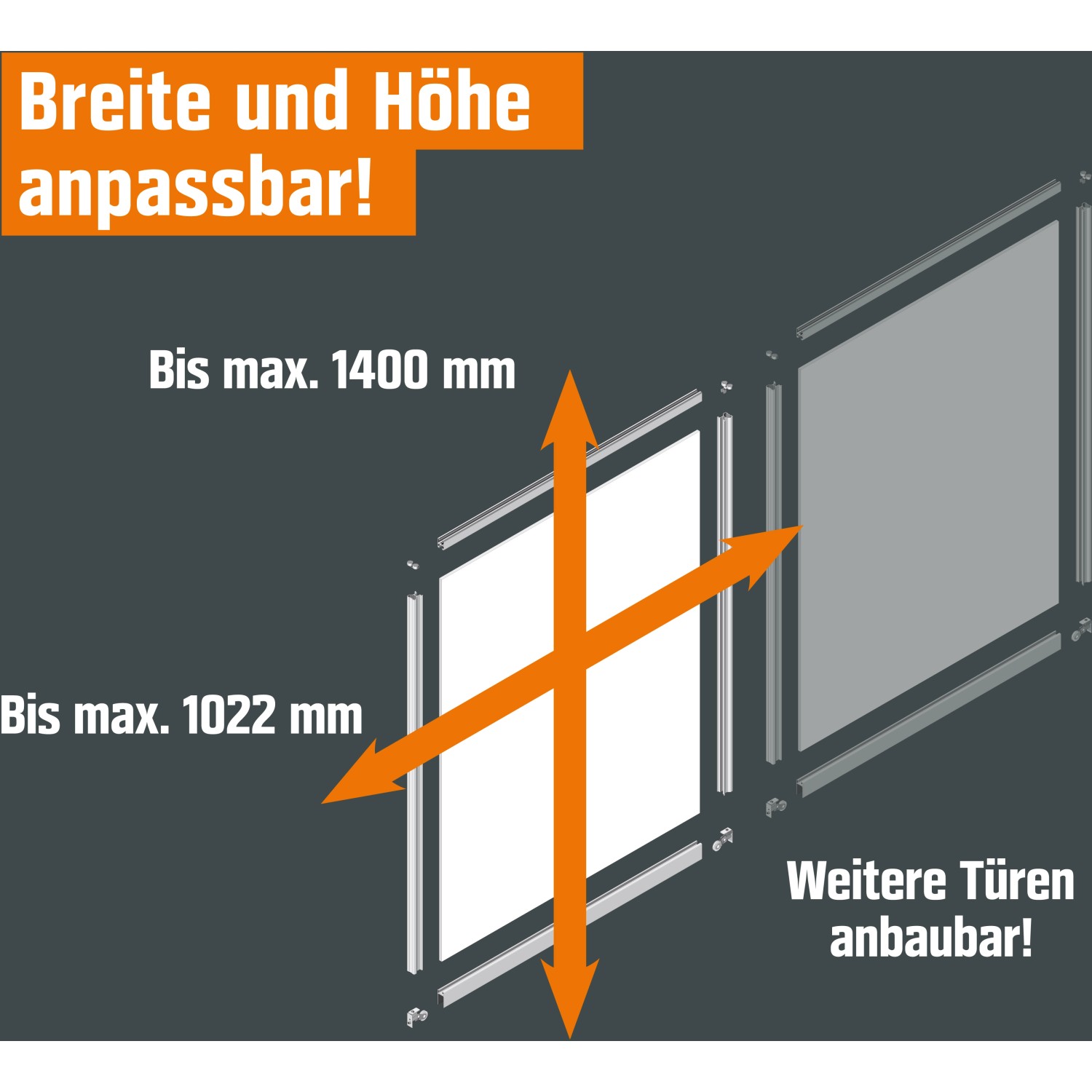 Kniestock-Baupaket: Schema zeigt variable Maße (bis 1400x1022mm) und erweiterbare Türen.
