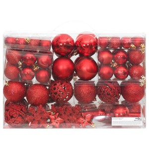 vidaXL Weihnachtskugel-Set, 111-teilig, rot: Kugeln, Sterne, Schneeflocken und Baumspitze im transparenten Kasten.