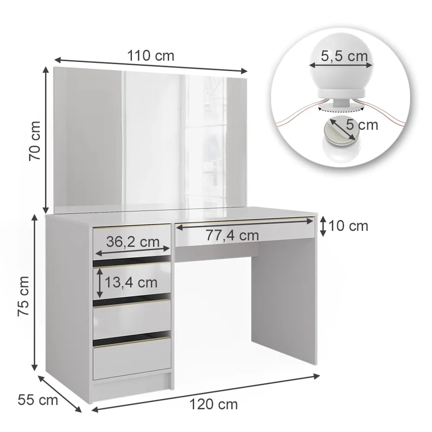 Vicco Schminktisch Sherry, weiß/gold, 120 cm, mit LED-Beleuchtung und Maßangaben.