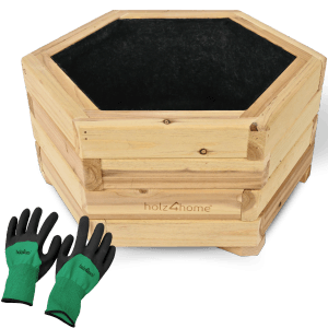 holz4home Pflanzenkübel, 6-eckig, Tannenholz, mit Vlies und Handschuhen.