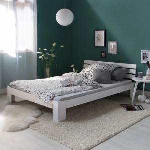 Weißes Homestyle4u Holzbett 120x200 cm mit Lattenrost und Kopfteil. Modernes Massivholzbett für Schlafzimmer.