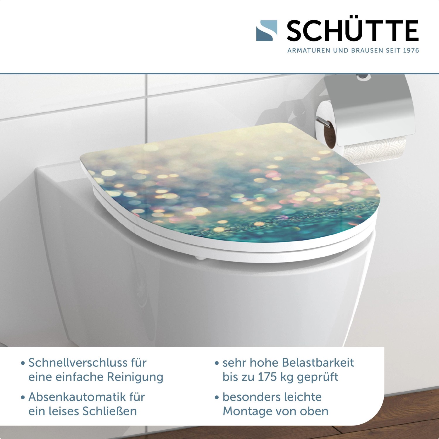 Schütte WC-Sitz Magic Light mit Absenkautomatik und Schnellverschluss auf WC-Becken.