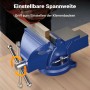 Blauer Wiltec Schraubstock 100mm auf Werkbank, spannt Holzblock. Einstellbare Klemmbacken, Amboss für präzise Arbeiten.