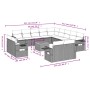 vidaXL Garten-Sofagarnitur, 14-teilig, schwarz, Poly Rattan, mit Maßen und Details.