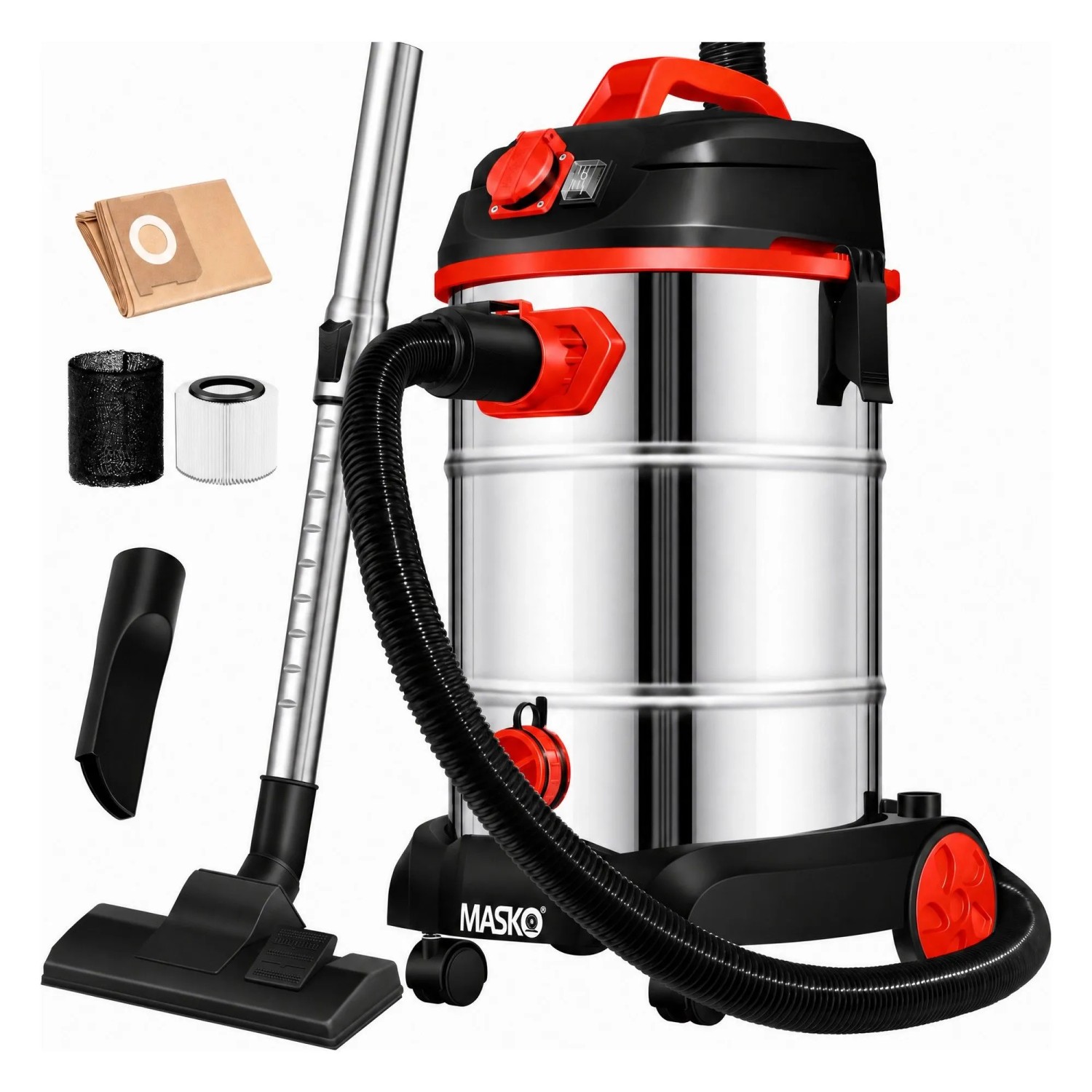 MASKO Industriestaubsauger Nass-Trockensauger Edelstahl Max. 1800 W Rot