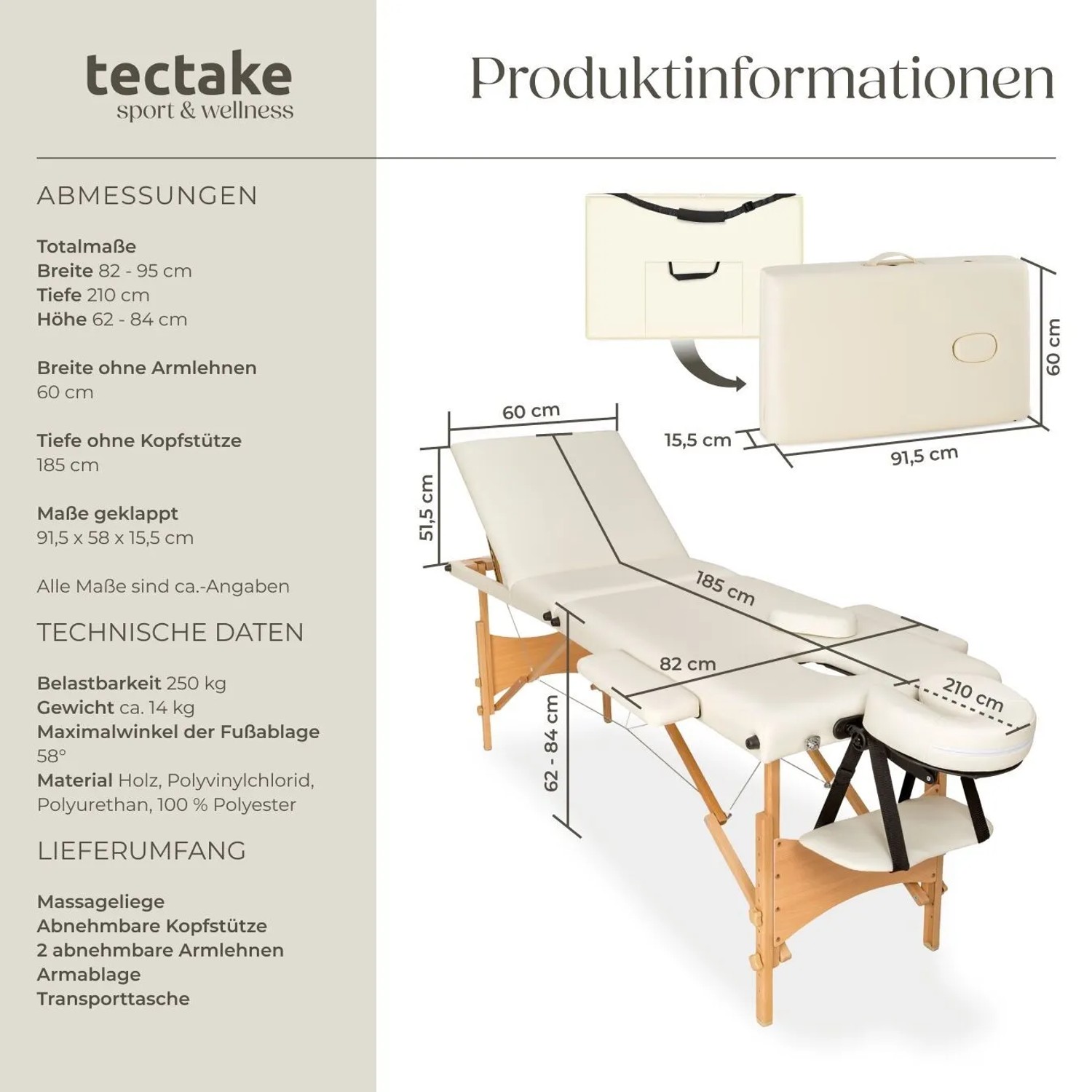 Tectake 3 Zonen Massageliege Daniel Breite 60 cm  Polsterung 5 cm Inklusive Tragetasche  185 x 60 x 62 cm Beige_6