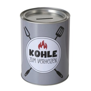 Graue Boltze Spardose "Grillzeit" aus Metall, 14x10x14cm, mit Grillmotiv. Dekorative Spardose.