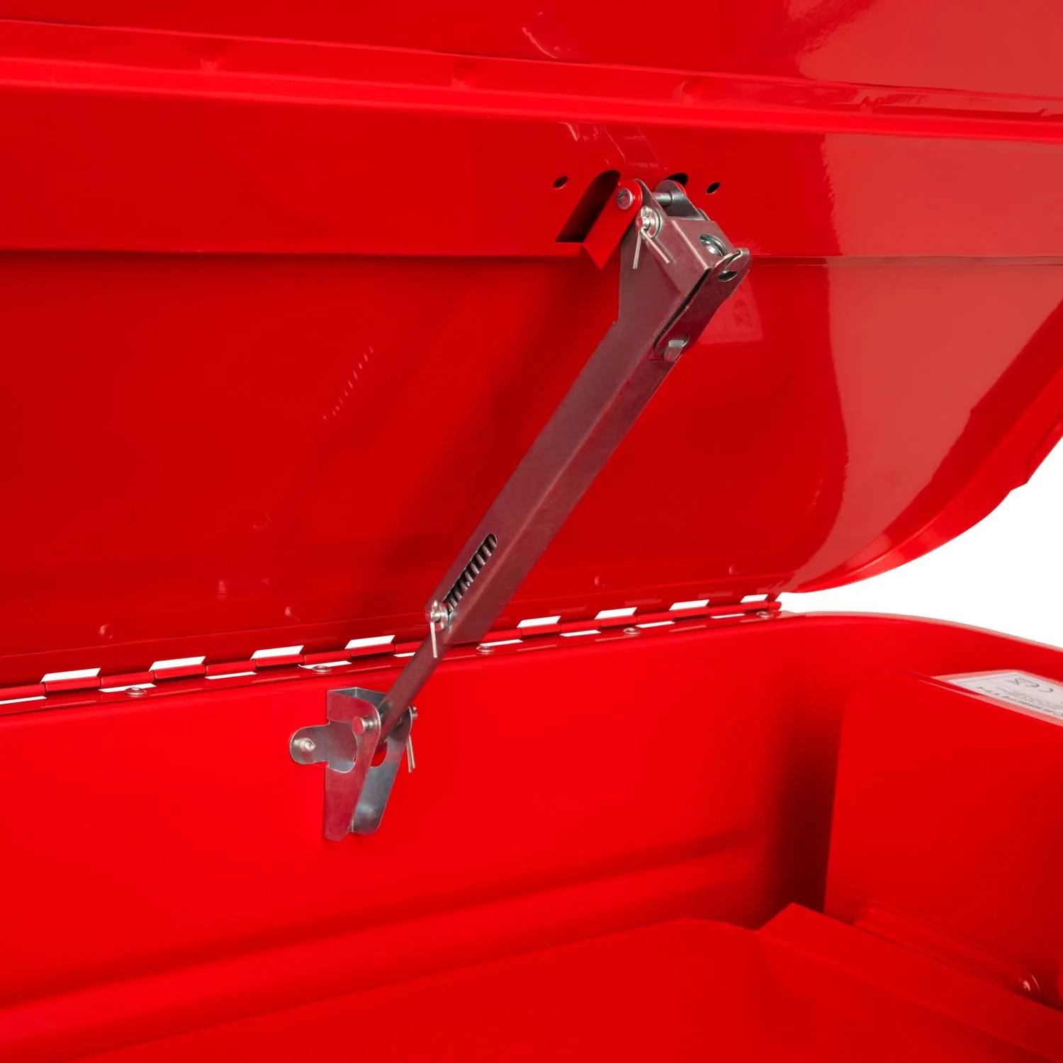 Detailaufnahme: Rotes EBERTH Teilewaschgerät mit geöffnetem Deckel und silberfarbener Halterung.
