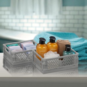Relaxdays Klappbox 2er Set Kunststoff Grau Stapelbar Zusammenklappbar 10 cm x 25 cm x 16,5 cm