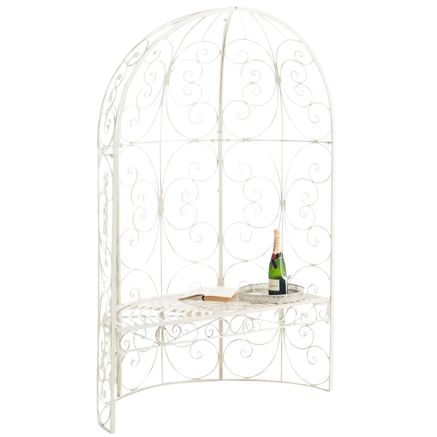 DELUKE Halbpavillon Mit Sitzbank BOSTON Metall Antik-creme 120x58x178cm Gartenbank Mit Lehne Rankhilfe