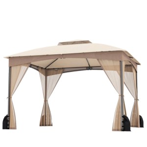 Costway Gartenpavillon 3x3,6m in Khaki mit Moskitonetz und Sandsäcken.