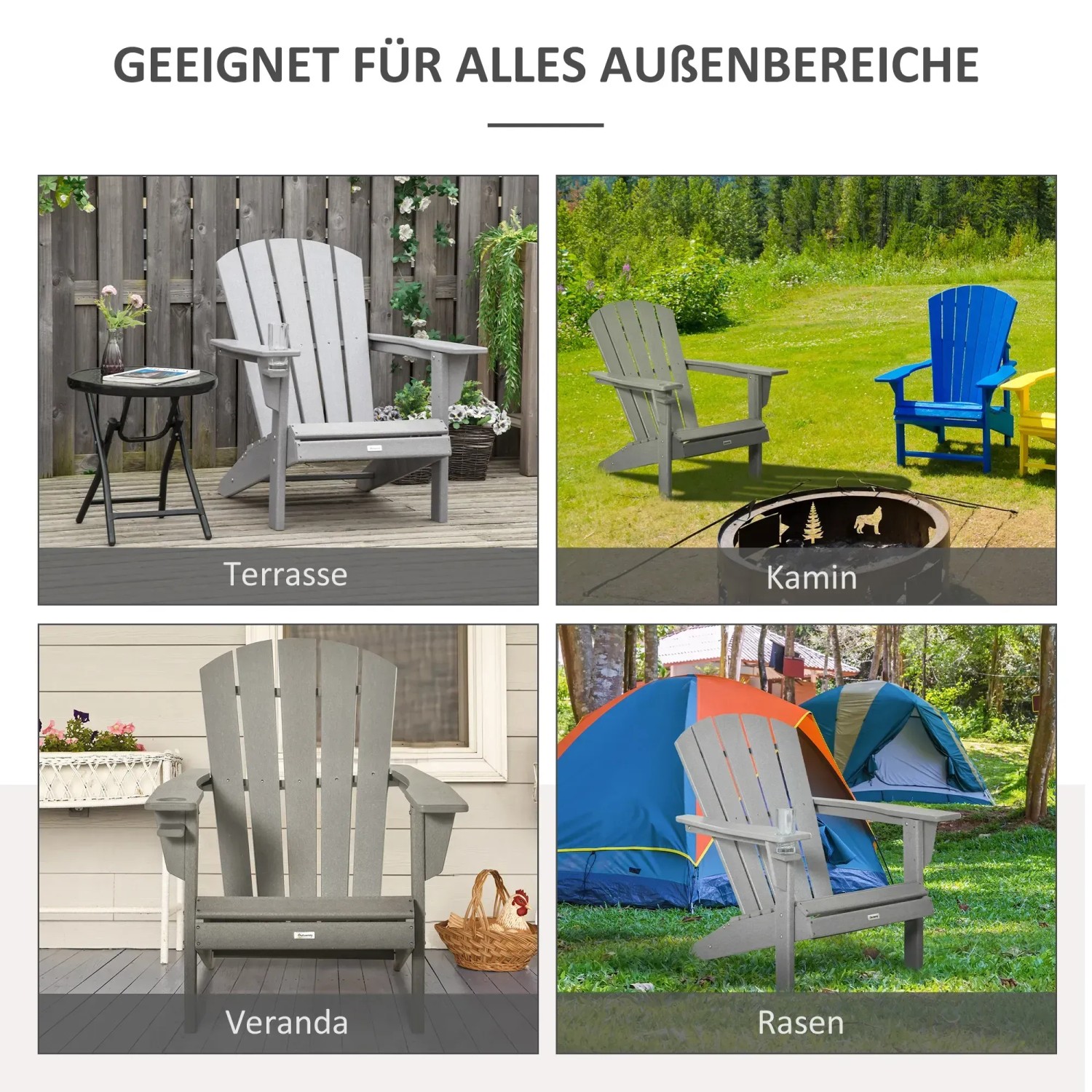 Outsunny Gartenstuhl Grau in verschiedenen Nutzungsszenarien: Terrasse, Kamin, Veranda, Rasen.
