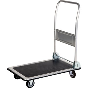 Plattformwagen mit einklappbarem Schiebebügel, 150 kg Tragkraft und rutschfester Gummiauflage.