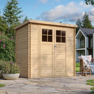 Timbela Holz-Gartenhaus M311F, 2,22 m², mit abschließbarer Doppeltür und Flachdach.