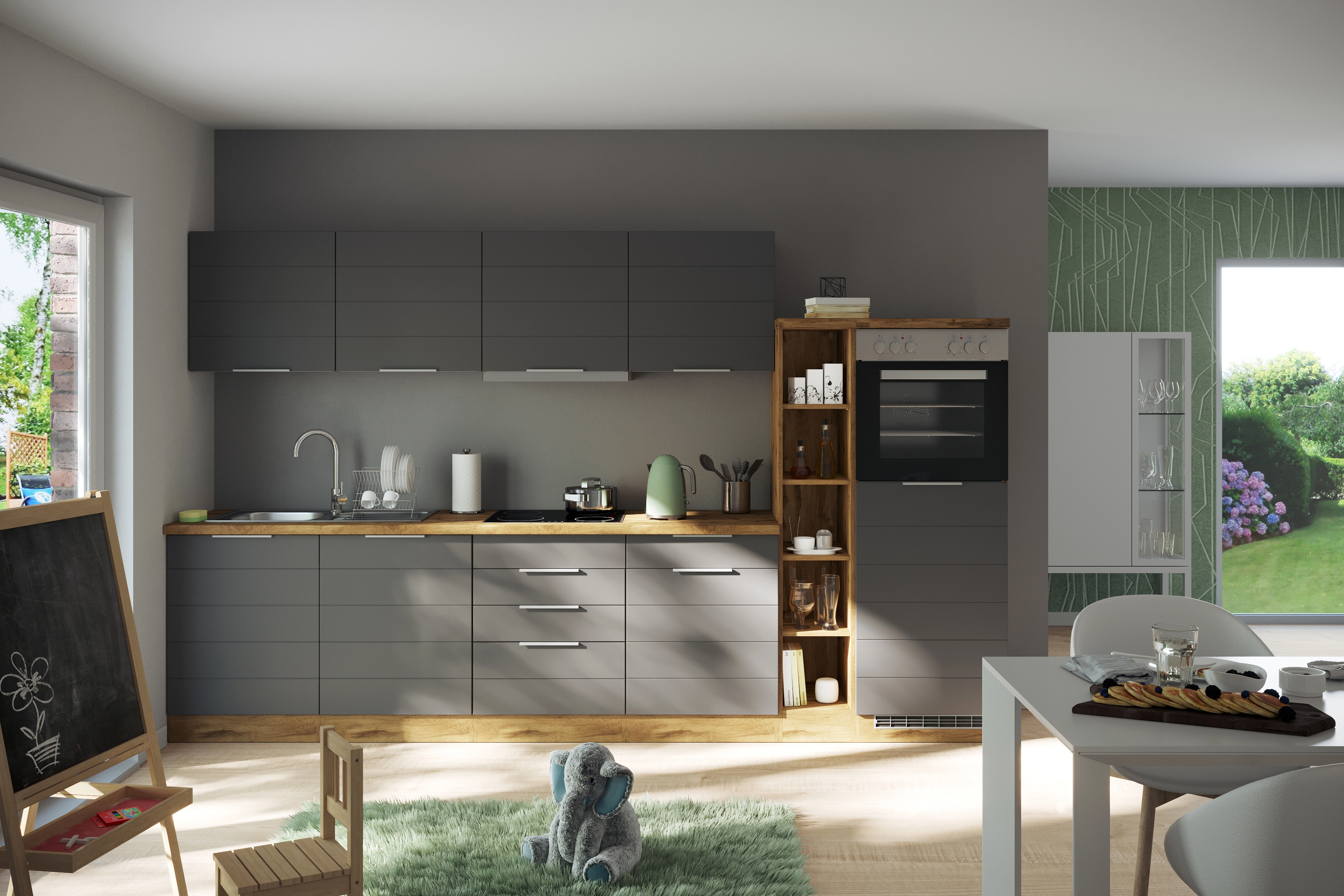 Held Möbel Küchenzeile ohne Matt Grau-Wotaneiche E-Geräte cm 330