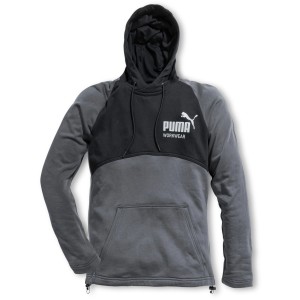 Puma Workwear Hoodie Champ, Stahlgrau-Carbon, mit Kapuze und Kängurutasche.