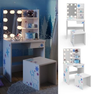 Weißer Kinder-Schminktisch „Schneeflocke“ mit LED-Beleuchtung und Hocker.