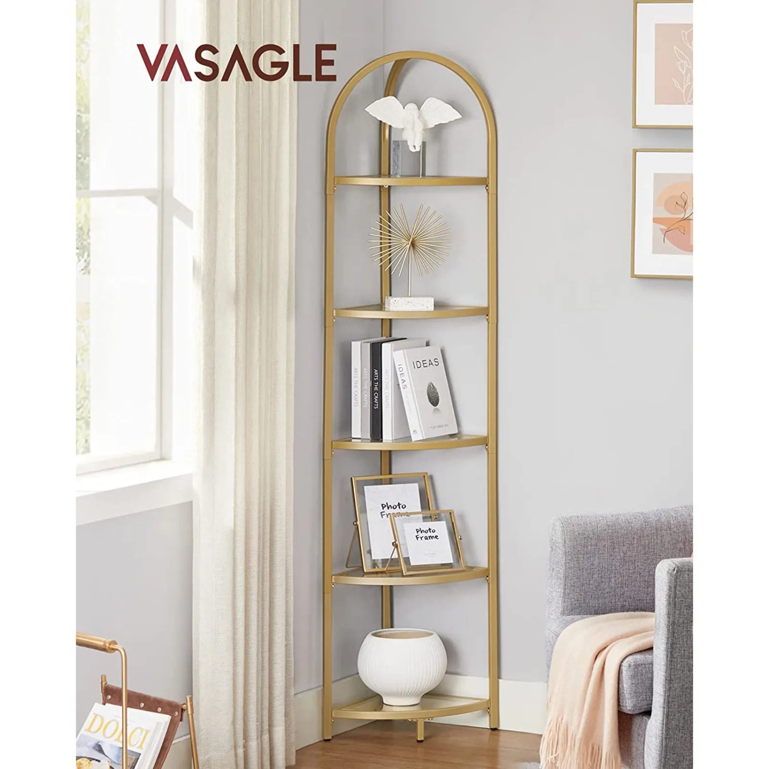 Vasagle Eckregal mit 5 Ebenen aus Hartglas und goldenem Metallrahmen.