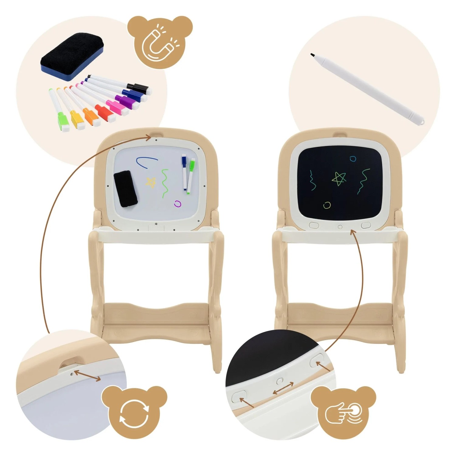 Joyz 3in1 Spieltisch braun mit Whiteboard, LCD-Tafel, Stiften und Radierer. Vielseitiges Kinderspielgerät.