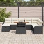 Schwarzes 9-teiliges vidaXL Garten-Sofa-Set aus Poly Rattan mit Tisch und Kissen.