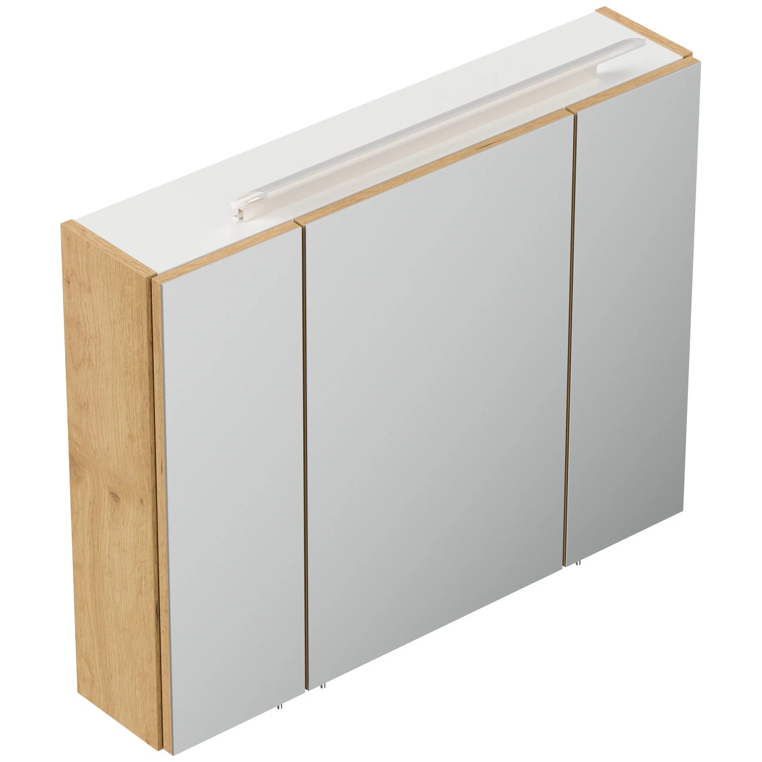Posseik Spiegelschrank 80 cm mit LED-Lampe, Glasböden, Eiche Gold Dekor.