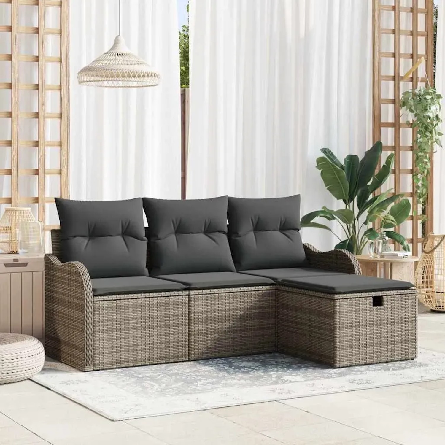 Graues 4-tlg. vidaXL Garten-Sofa-Set aus Poly Rattan mit Kissen und Stauraum.