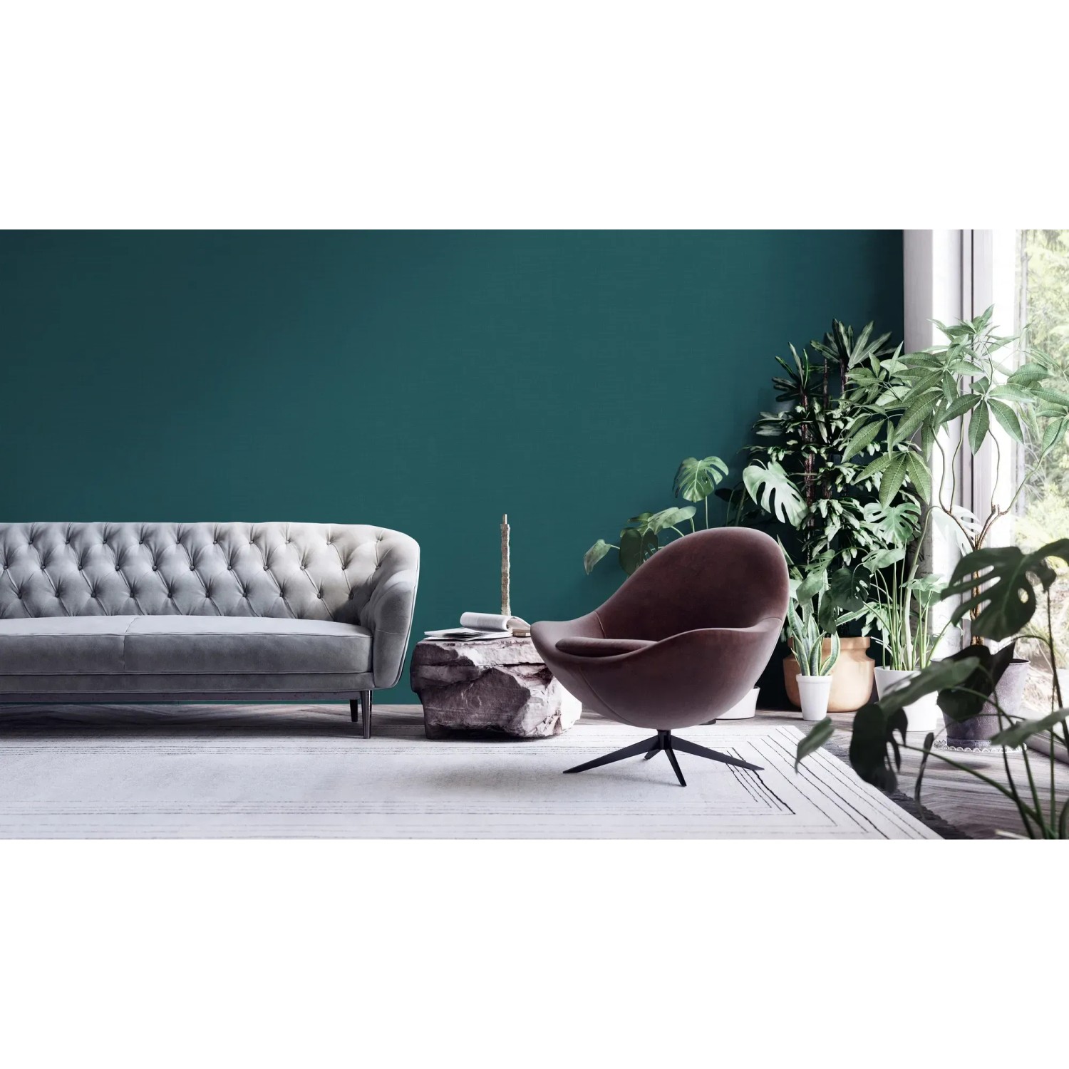 Wohnraum mit blaugrüner Vliestapete, Sofa und Sessel. Dekorative Tapete mit leichter Struktur.
