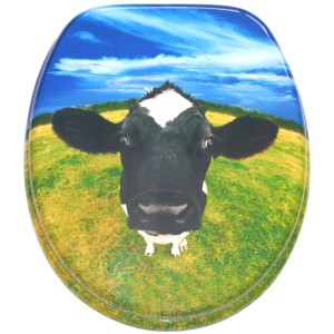 Sanilo WC-Sitz mit Kuhkopf-Motiv. Toilettendeckel aus Holz mit Absenkautomatik.