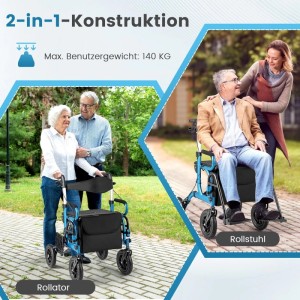Costway Rollator mit Luftbereifung, als Rollstuhl nutzbar, blau. Senioren Rollator mit Tasche und breitem Sitz.
